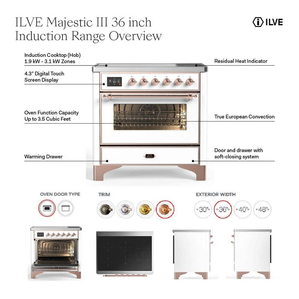 ILVE Majestic III 36-Inch Induction Range, 6 Elements, Solid Door Electric Oven, Mediterranean Mint with Copper Trim (UMIB36QNR3MMP)