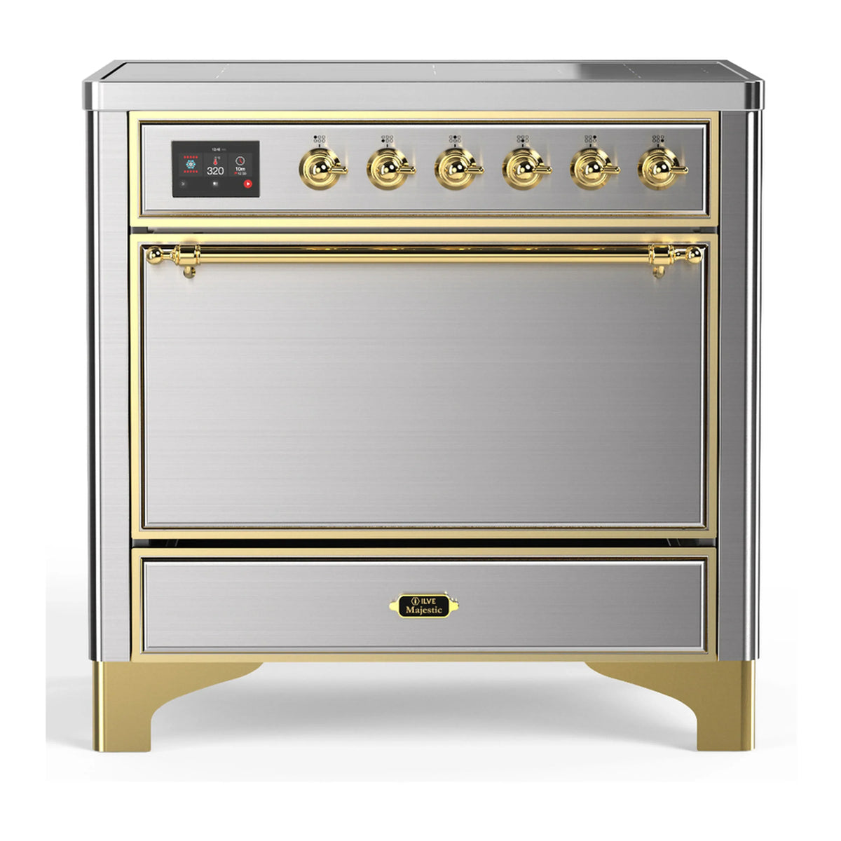 ILVE Majestic III 36-Inch Induction Range, 6 Elements, Solid Door Electric Oven, Stainless Steel with Brass Trim (UMIB36QNR3SSG)