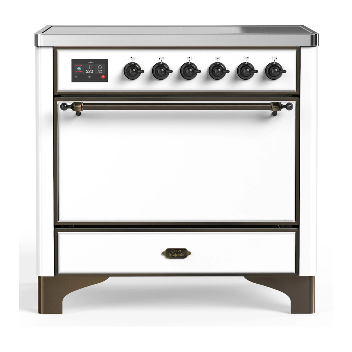 ILVE Majestic III 36-Inch Induction Range, 6 Elements, Solid Door Electric Oven, White with Burnished Trim (UMIB36QNR3WHB)