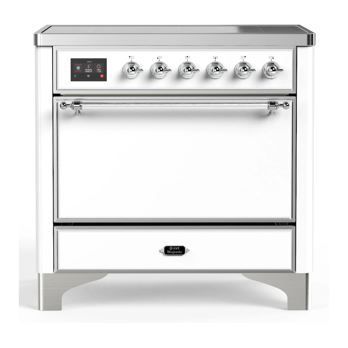 ILVE Majestic III 36-Inch Induction Range, 6 Elements, Solid Door Electric Oven, White with Chrome Trim (UMIB36QNR3WHC)