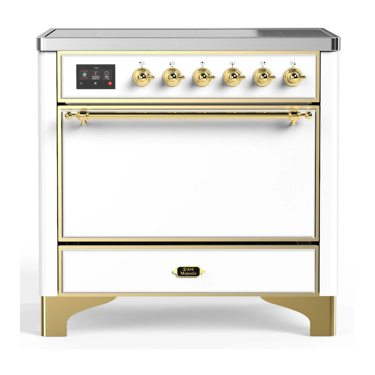 ILVE Majestic III 36-Inch Induction Range, 6 Elements, Solid Door Electric Oven, White with Brass Trim (UMIB36QNR3WHG)