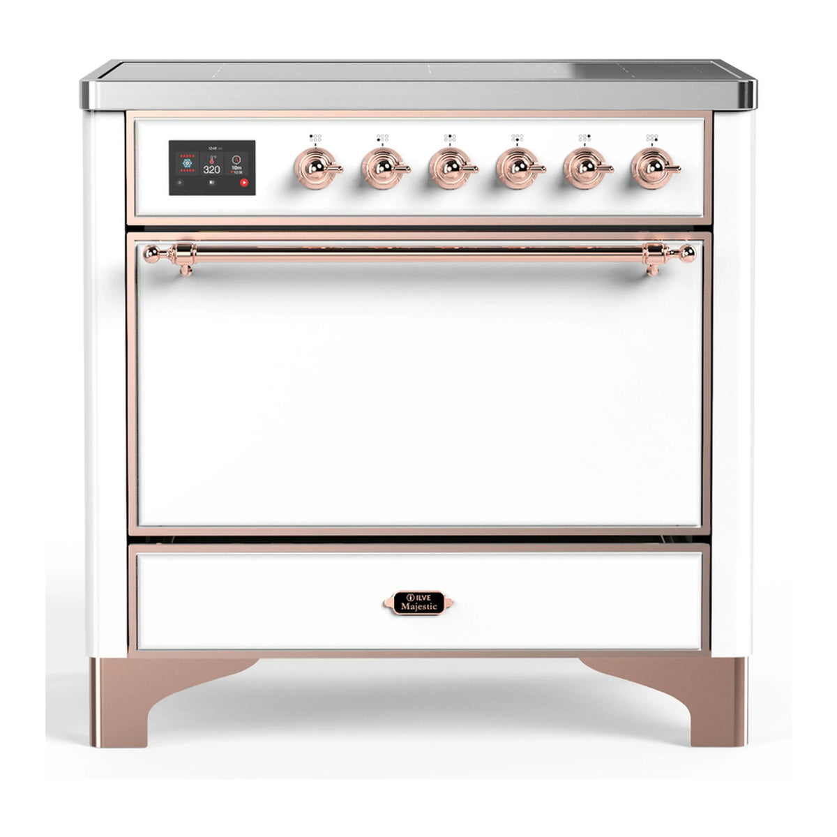 ILVE Majestic III 36-Inch Induction Range, 6 Elements, Solid Door Electric Oven, White with Copper Trim (UMIB36QNR3WHP)