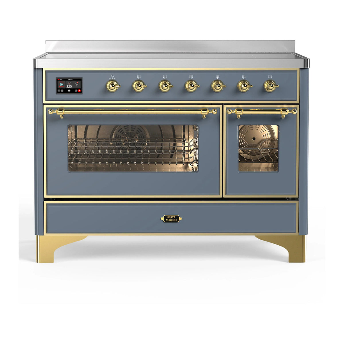ILVE Majestic III 48-Inch Induction Range, 6 Elements, Triple Glass Door Electric Oven, Blue Grey with Brass Trim (UMIB48NR3BGG)