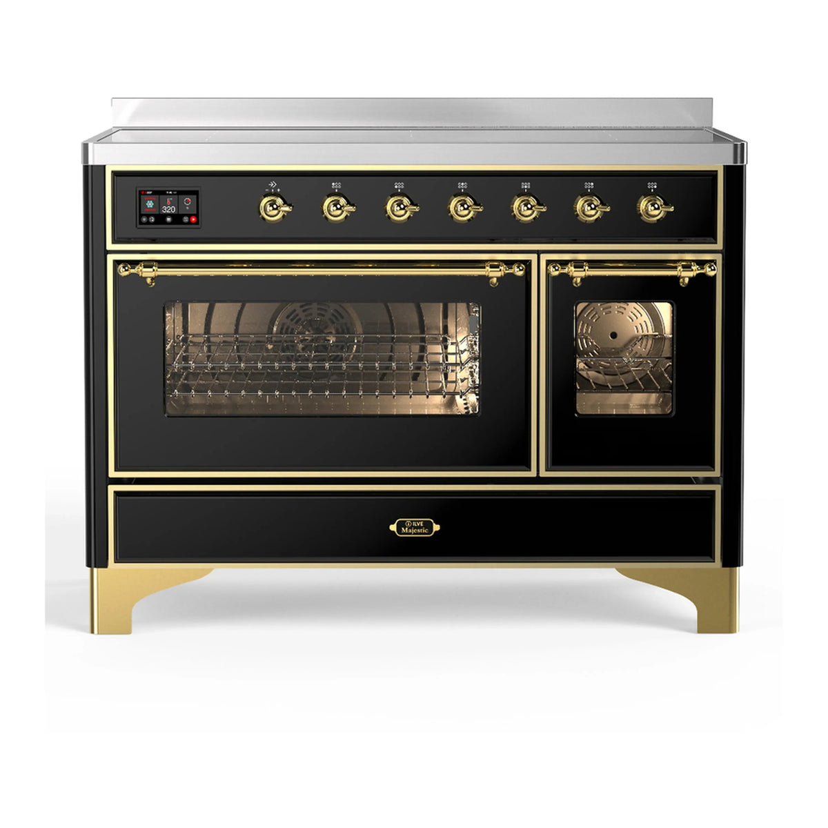ILVE Majestic III 48-Inch Induction Range, 6 Elements, Triple Glass Door Electric Oven, Glossy Black with Brass Trim (UMIB48NR3BKG)