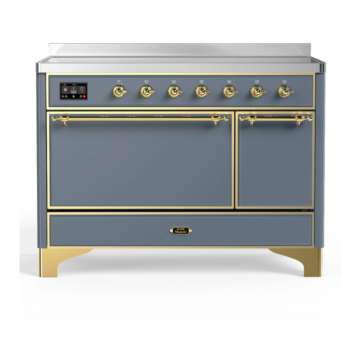 ILVE Majestic III 48-Inch Induction Range, 6 Elements, Solid Door Electric Oven, Blue Grey with Brass Trim (UMIB48QNR3BGG)