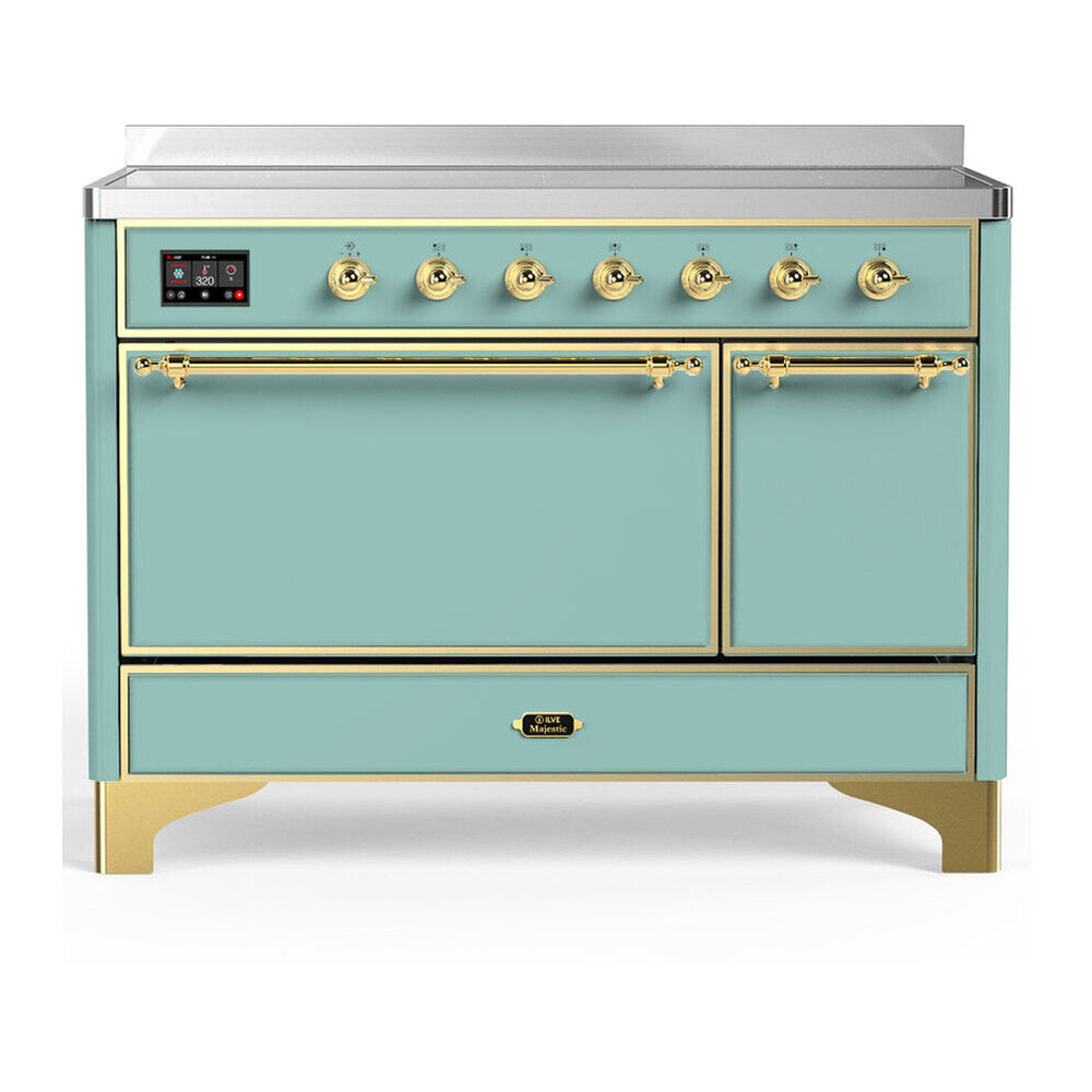 ILVE Majestic III 48-Inch Induction Range, 6 Elements, Solid Door Electric Oven, Mediterranean Mint with Brass Trim (UMIB48QNR3MMG)