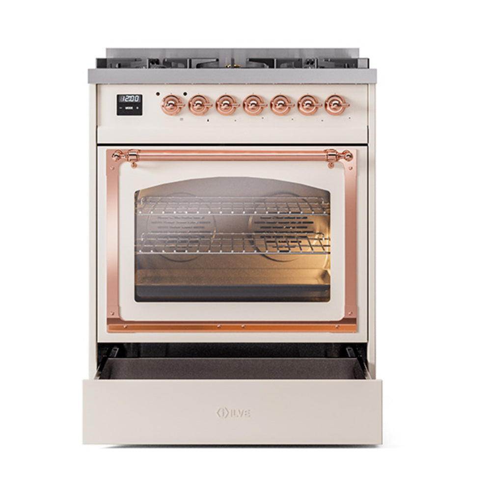 ILVE Nostalgie II Noblesse 30-Inch Natural Gas Dual Fuel Range with Triple Glass Door in Antique White with Copper Trim (UN30NMPAWP)