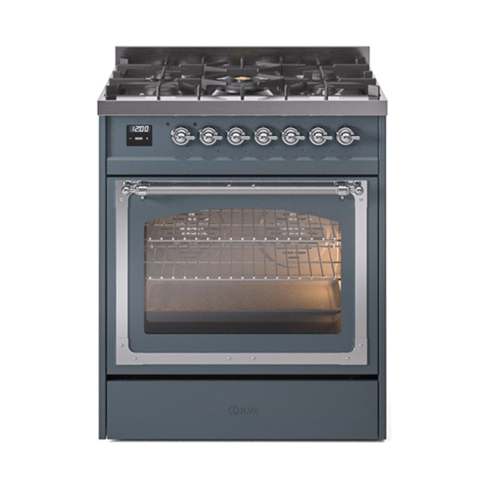 ILVE Nostalgie II Noblesse 30-Inch Natural Gas Dual Fuel Range with Triple Glass Door in Blue Grey with Chrome Trim (UN30NMPBGC)