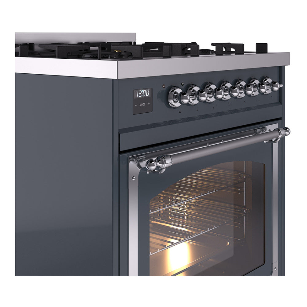ILVE Nostalgie II Noblesse 30-Inch Natural Gas Dual Fuel Range with Triple Glass Door in Blue Grey with Chrome Trim (UN30NMPBGC)