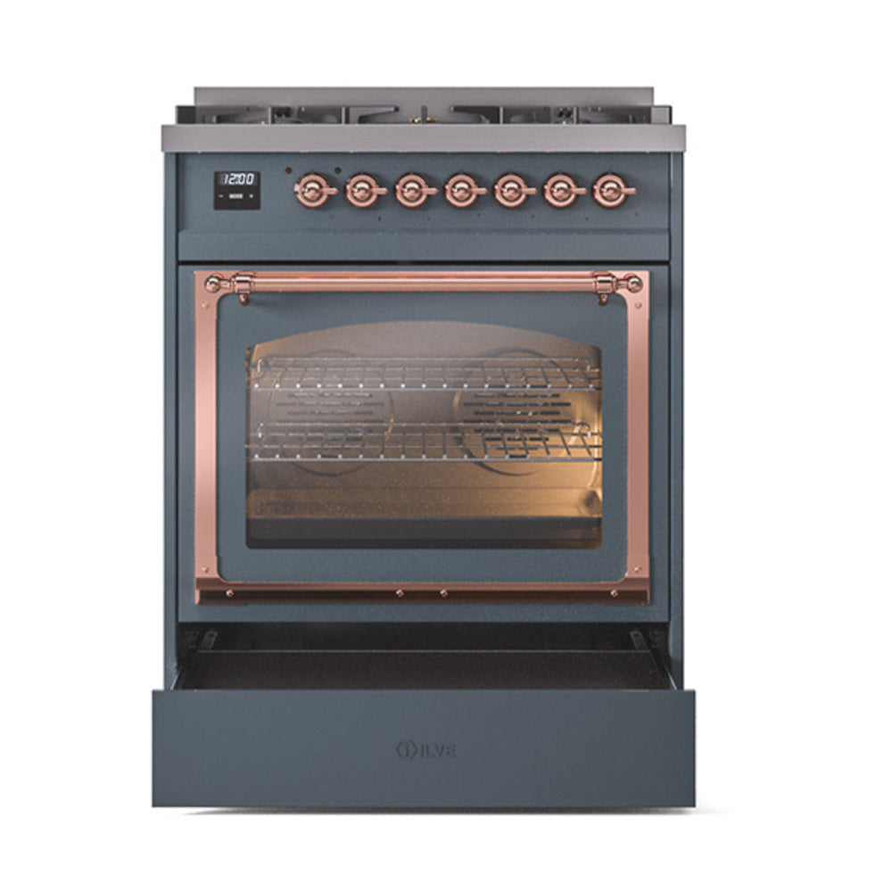 ILVE Nostalgie II Noblesse 30-Inch Natural Gas Dual Fuel Range with Triple Glass Door in Blue Grey with Copper Trim (UN30NMPBGP)