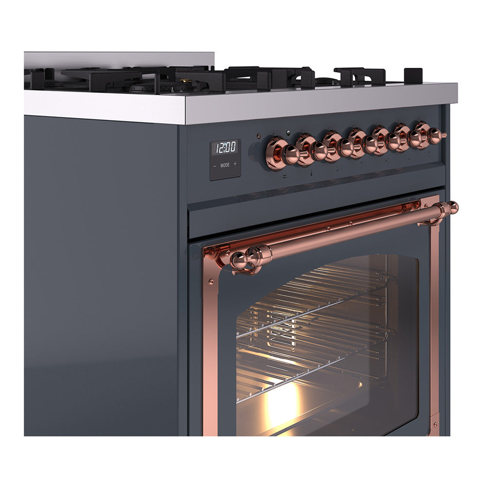 ILVE Nostalgie II Noblesse 30-Inch Natural Gas Dual Fuel Range with Triple Glass Door in Blue Grey with Copper Trim (UN30NMPBGP)