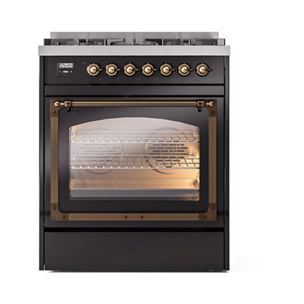 ILVE Nostalgie II Noblesse 30-Inch Natural Gas Dual Fuel Range with Triple Glass Door in Glossy Black with Burnished Bronze Trim (UN30NMPBKB)