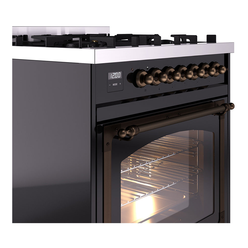 ILVE Nostalgie II Noblesse 30-Inch Propane Gas Dual Fuel Range with Triple Glass Door in Glossy Black with Burnished Bronze Trim (UN30NMPBKBLP)