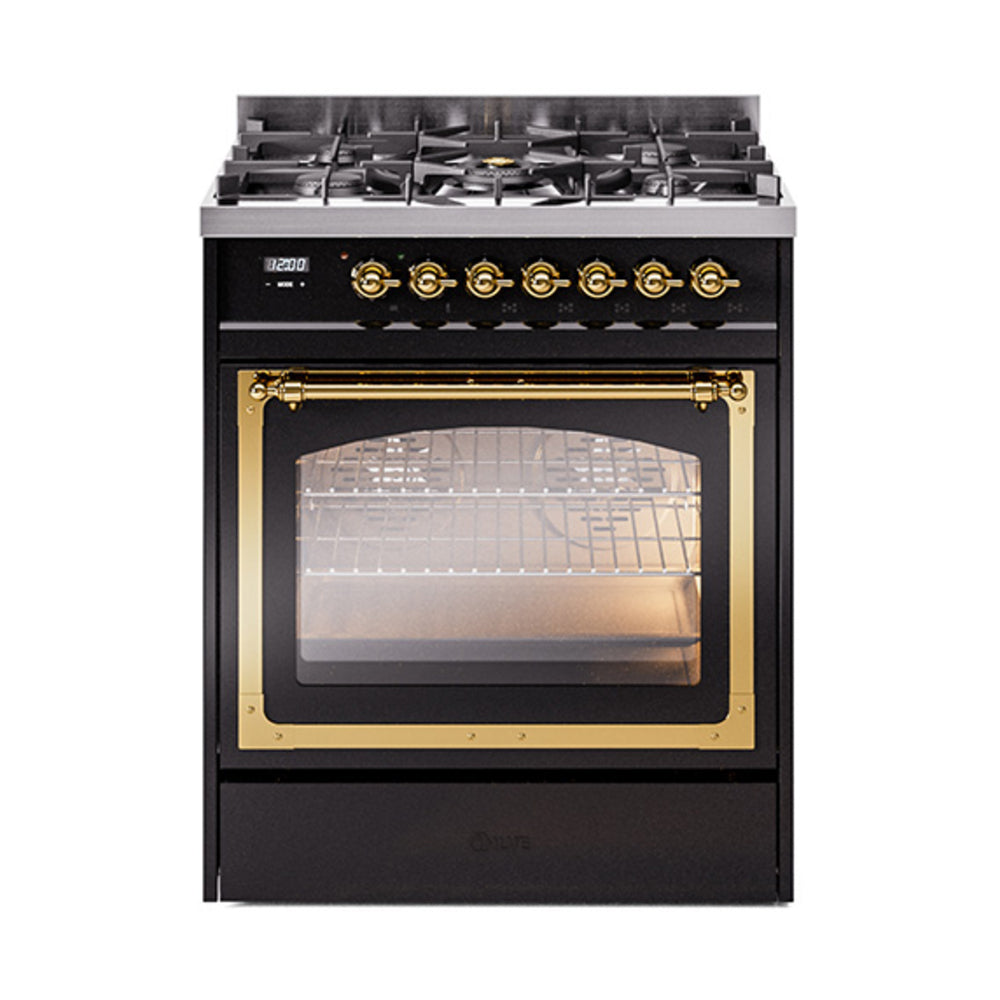 ILVE Nostalgie II Noblesse 30-Inch Natural Gas Dual Fuel Range with Triple Glass Door in Glossy Black with Brass Trim (UN30NMPBKG)