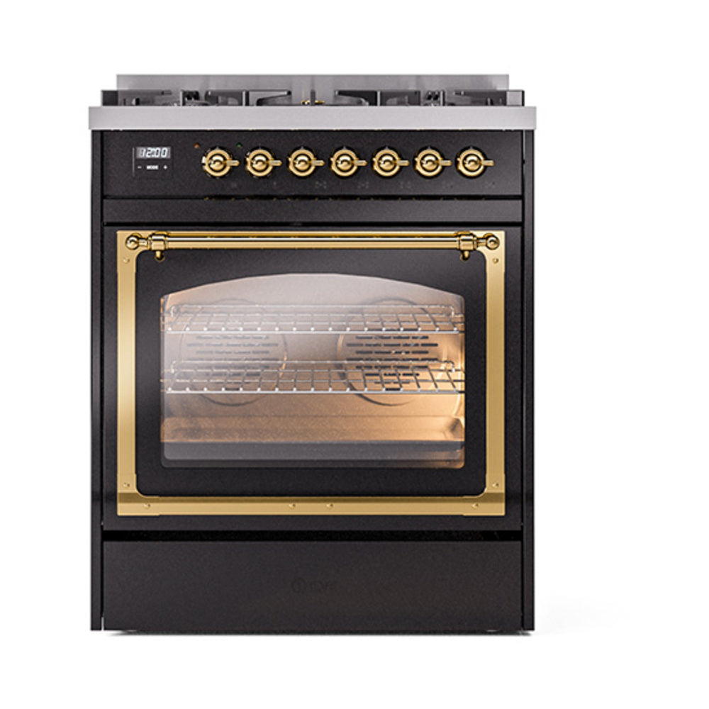 ILVE Nostalgie II Noblesse 30-Inch Natural Gas Dual Fuel Range with Triple Glass Door in Glossy Black with Brass Trim (UN30NMPBKG)