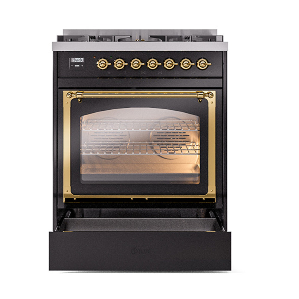 ILVE Nostalgie II Noblesse 30-Inch Natural Gas Dual Fuel Range with Triple Glass Door in Glossy Black with Brass Trim (UN30NMPBKG)