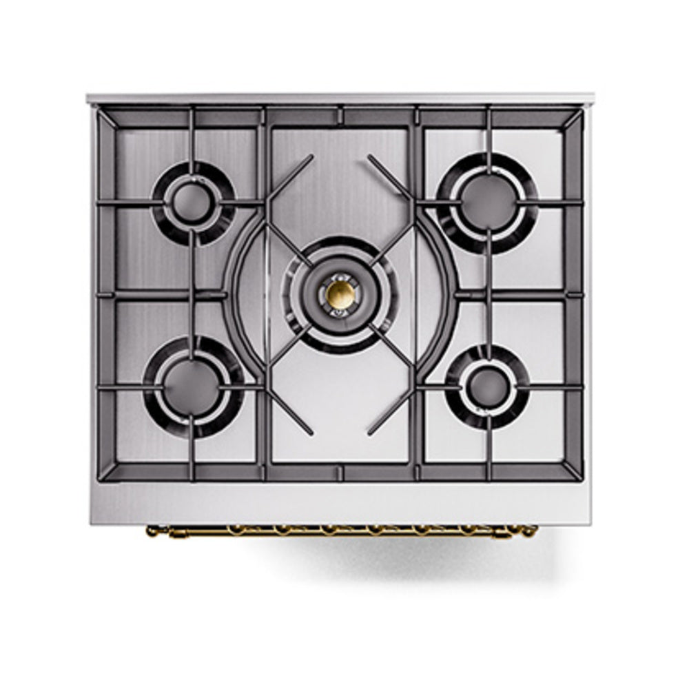 ILVE Nostalgie II Noblesse 30-Inch Natural Gas Dual Fuel Range with Triple Glass Door in Glossy Black with Brass Trim (UN30NMPBKG)