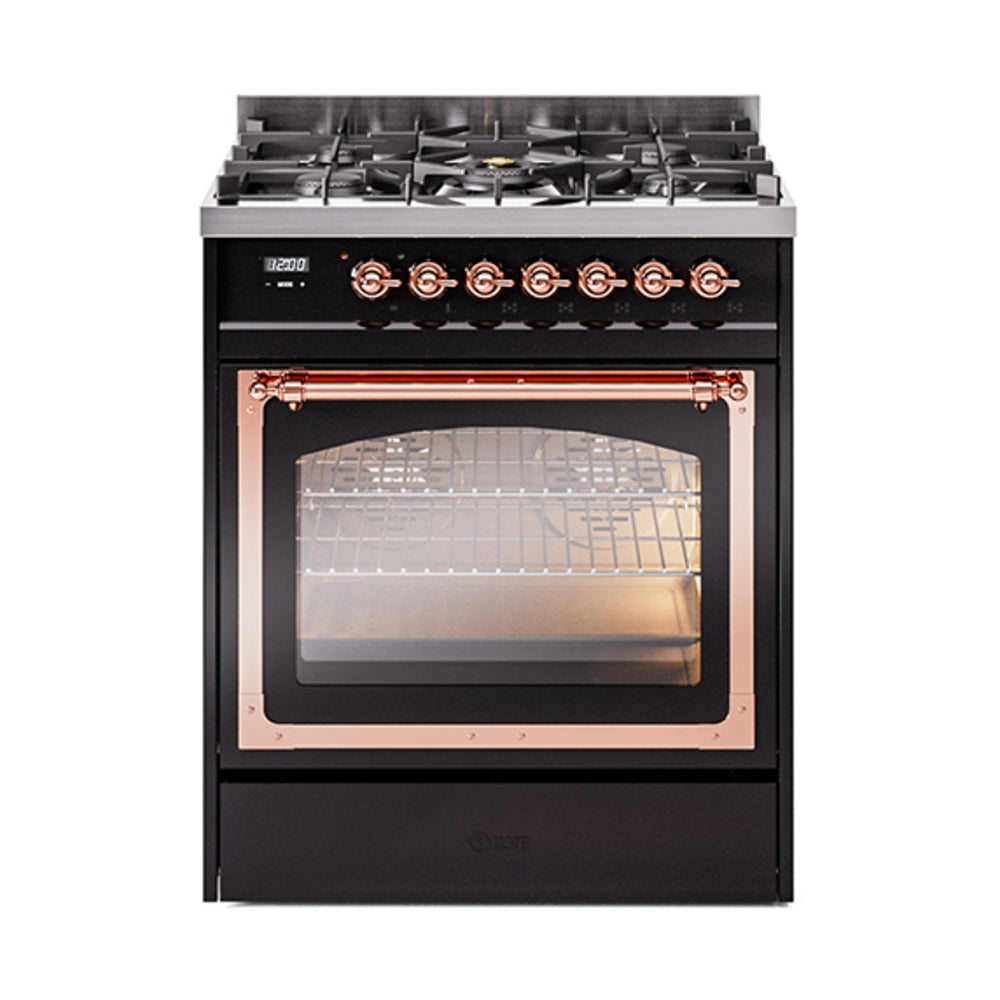 ILVE Nostalgie II Noblesse 30-Inch Propane Gas Dual Fuel Range with Triple Glass Door in Glossy Black with Copper Trim (UN30NMPBKPLP)