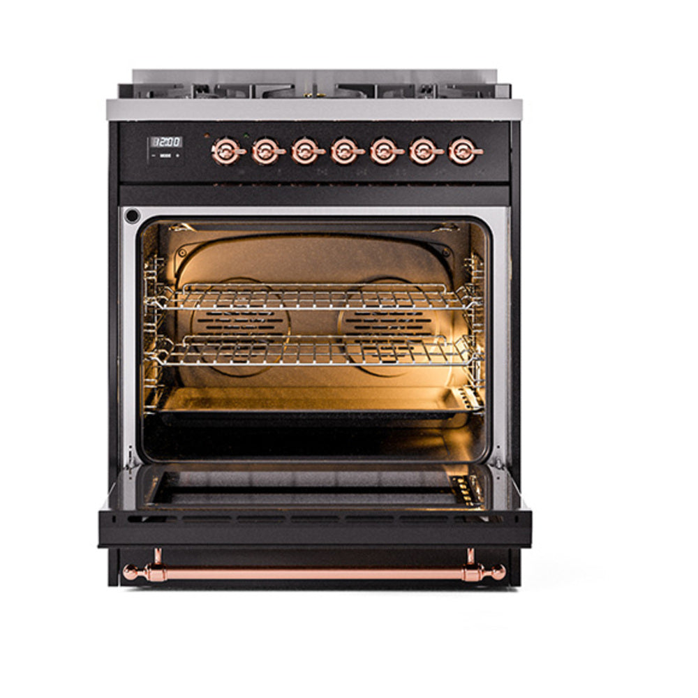 ILVE Nostalgie II Noblesse 30-Inch Natural Gas Dual Fuel Range with Triple Glass Door in Glossy Black with Copper Trim (UN30NMPBKP)