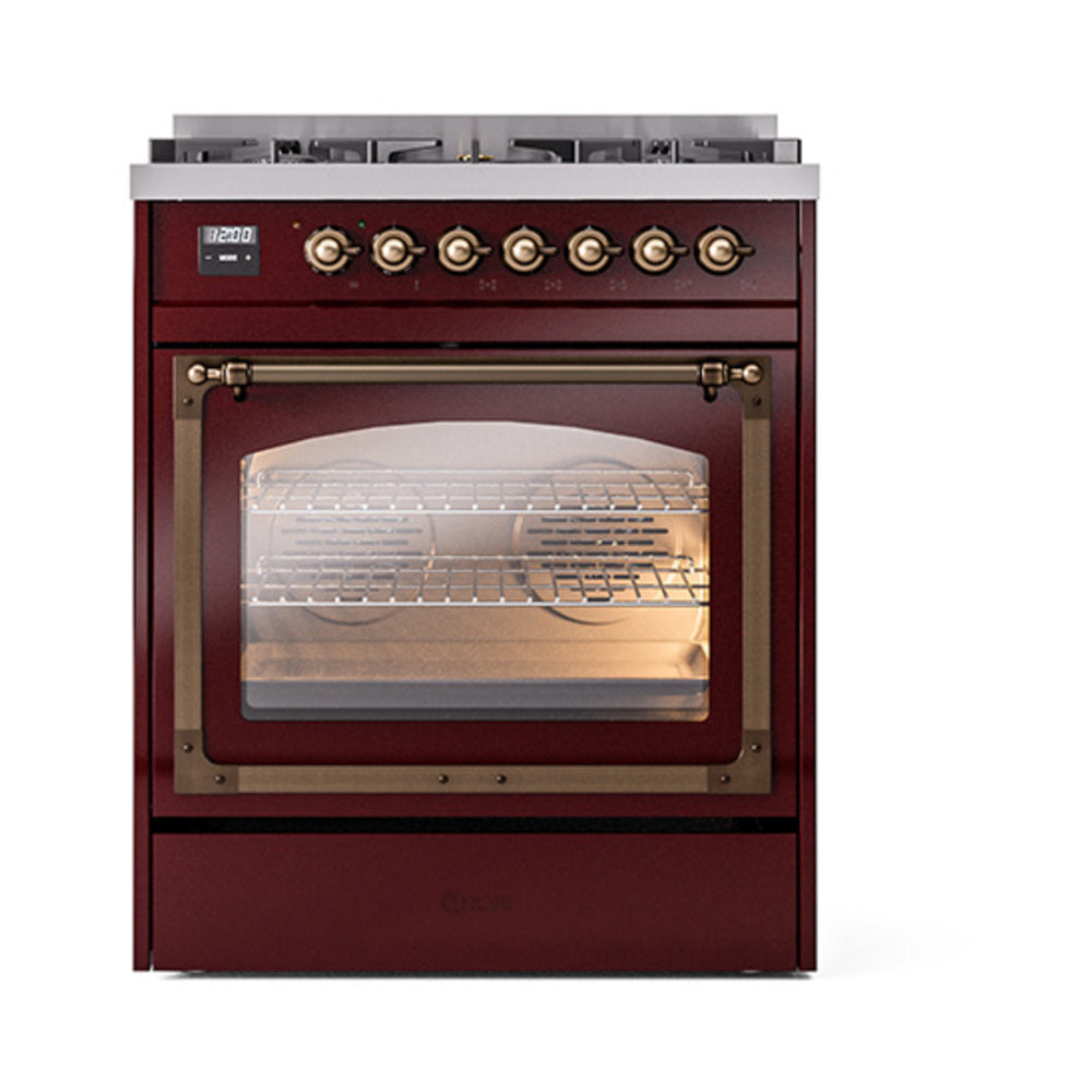 ILVE Nostalgie II Noblesse 30-Inch Propane Gas Dual Fuel Range, Triple Glass Door Oven, Burgundy with Burnished Bronze Trim (UN30NMPBUBLP)