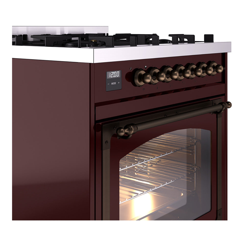 ILVE Nostalgie II Noblesse 30-Inch Natural Gas Dual Fuel Range with Triple Glass Door in Burgundy with Burnished Bronze Trim (UN30NMPBUB)