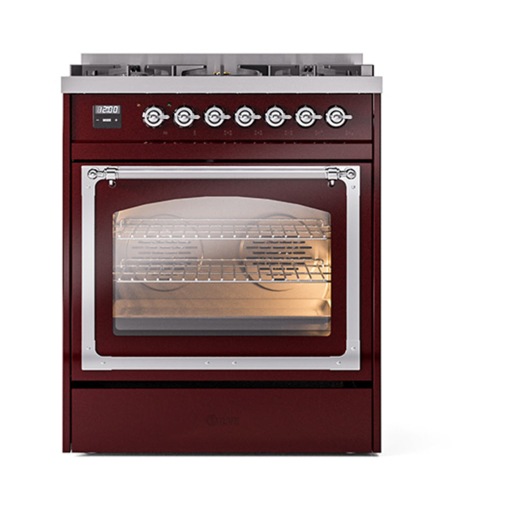 ILVE Nostalgie II Noblesse 30-Inch Natural Gas Dual Fuel Range with Triple Glass Door in Burgundy with Chrome Trim (UN30NMPBUC)