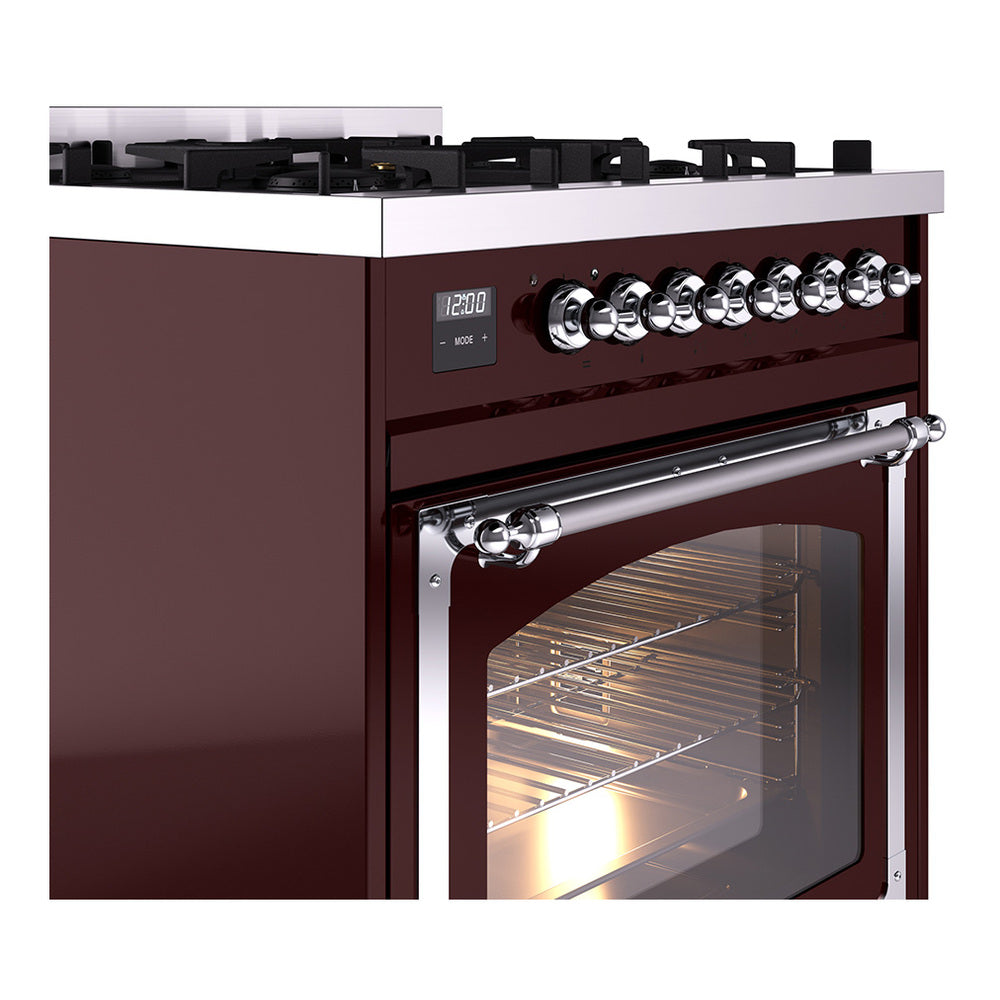 ILVE Nostalgie II Noblesse 30-Inch Natural Gas Dual Fuel Range with Triple Glass Door in Burgundy with Chrome Trim (UN30NMPBUC)