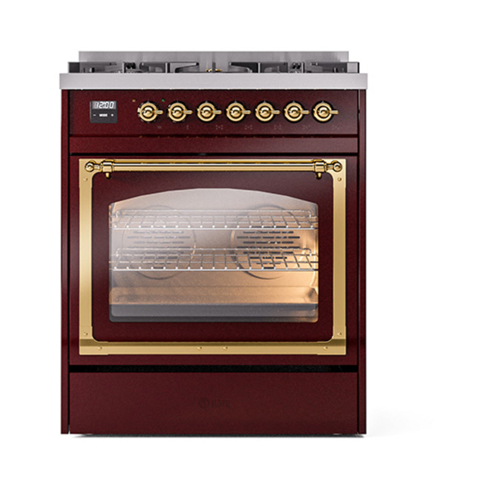 ILVE Nostalgie II Noblesse 30-Inch Natural Gas Dual Fuel Range with Triple Glass Door in Burgundy with Brass Trim (UN30NMPBUG)