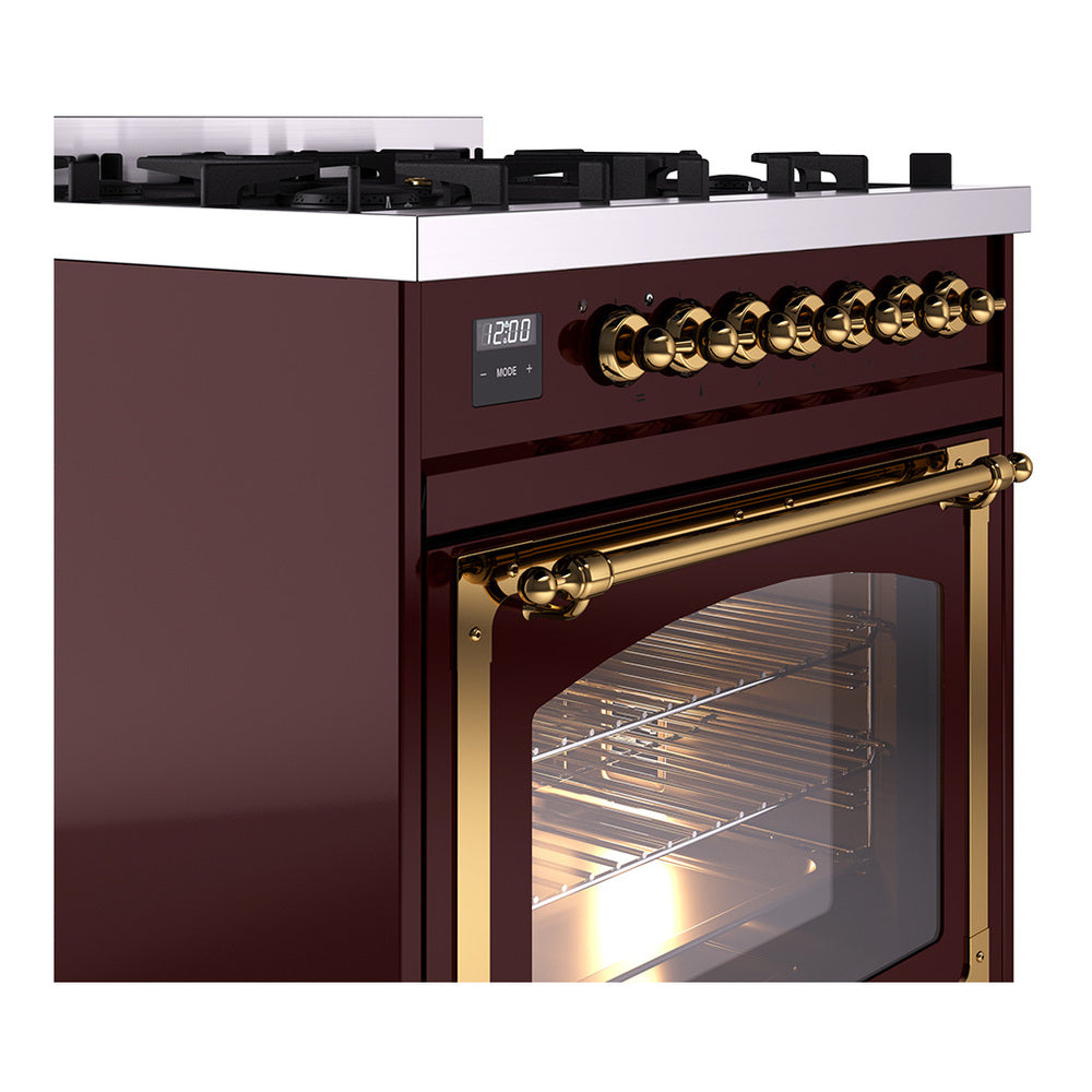 ILVE Nostalgie II Noblesse 30-Inch Natural Gas Dual Fuel Range with Triple Glass Door in Burgundy with Brass Trim (UN30NMPBUG)