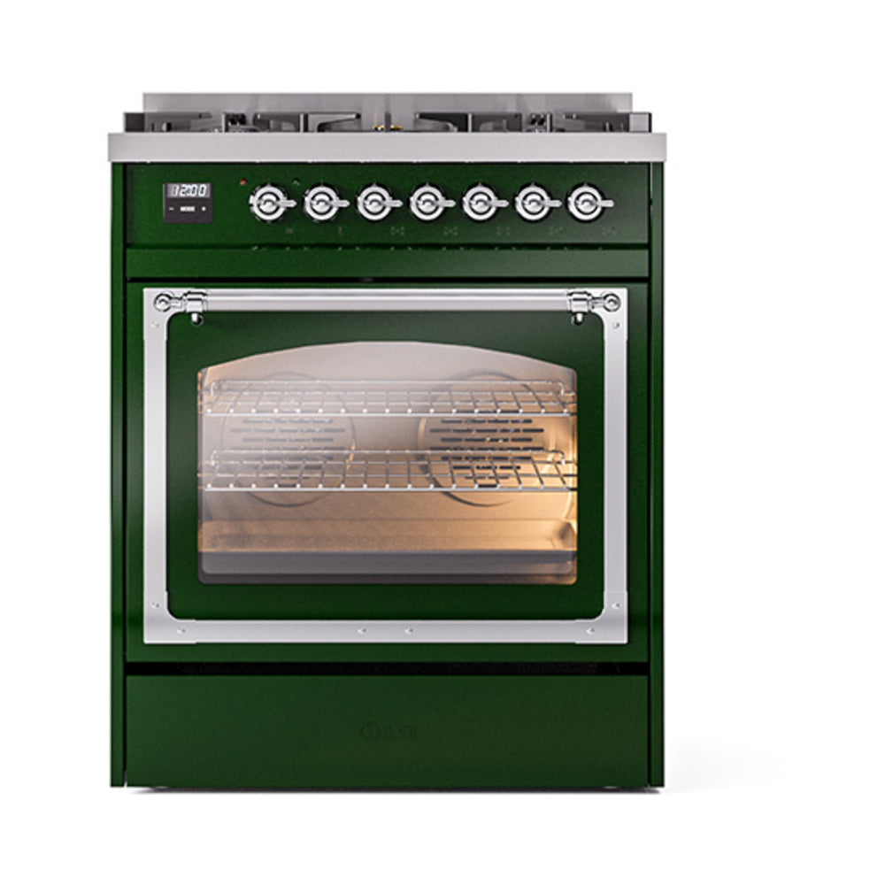 ILVE Nostalgie II Noblesse 30-Inch Natural Gas Dual Fuel Range with Triple Glass Door in Emerald Green with Chrome Trim (UN30NMPEGC)