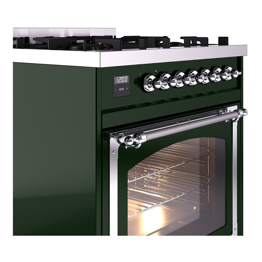 ILVE Nostalgie II Noblesse 30-Inch Natural Gas Dual Fuel Range with Triple Glass Door in Emerald Green with Chrome Trim (UN30NMPEGC)