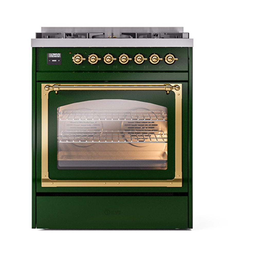 ILVE Nostalgie II Noblesse 30-Inch Propane Gas Dual Fuel Range with Triple Glass Door in Emerald Green with Brass Trim (UN30NMPEGGLP)