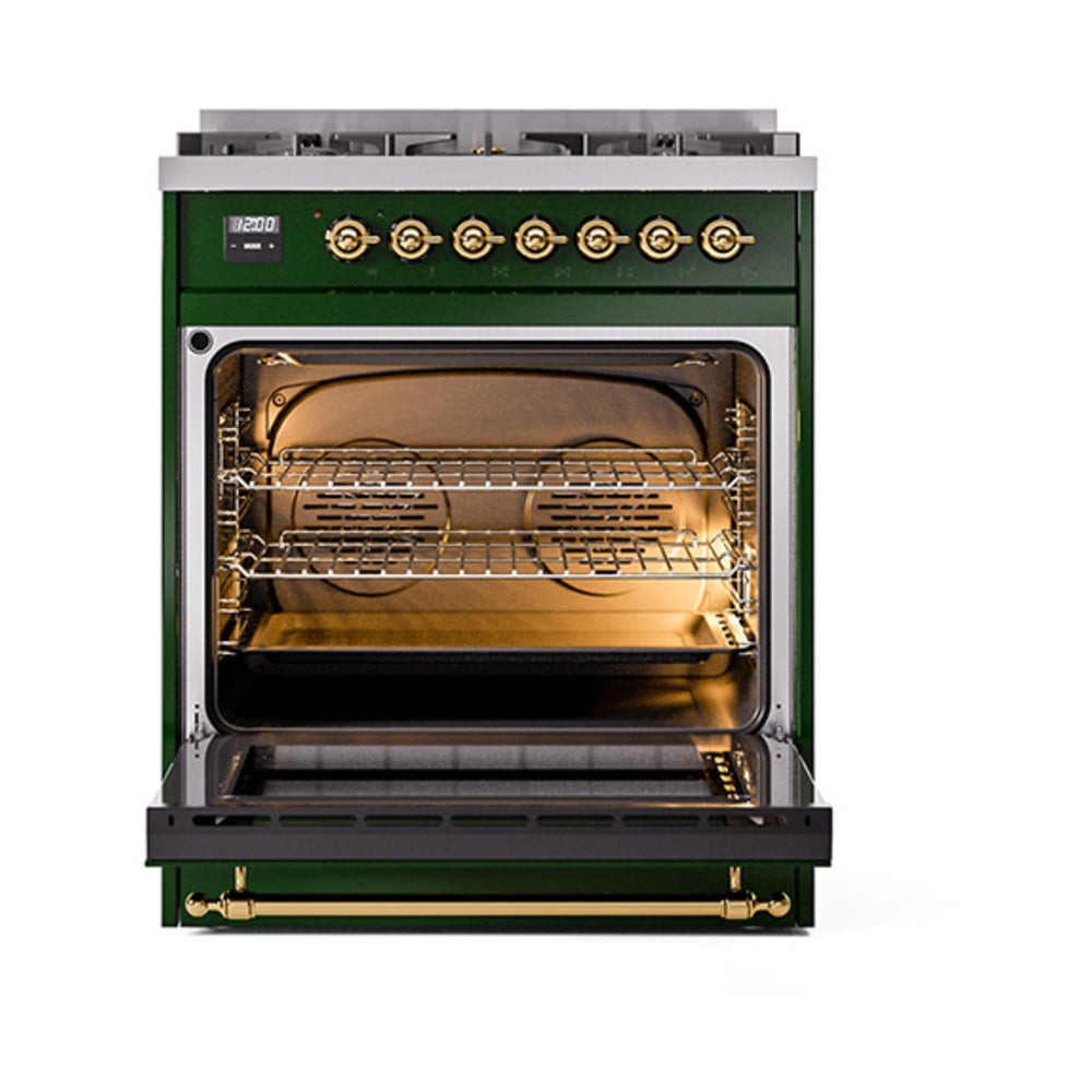 ILVE Nostalgie II Noblesse 30-Inch Propane Gas Dual Fuel Range with Triple Glass Door in Emerald Green with Brass Trim (UN30NMPEGGLP)