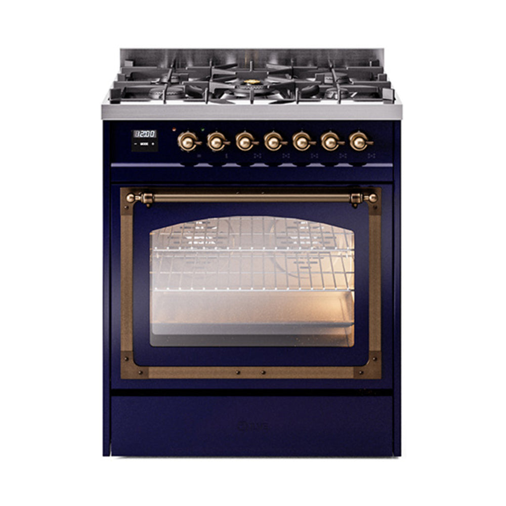 ILVE Nostalgie II Noblesse 30-Inch Propane Gas Dual Fuel Range with Triple Glass Door in Midnight Blue with Burnished Bronze Trim (UN30NMPMBBLP)