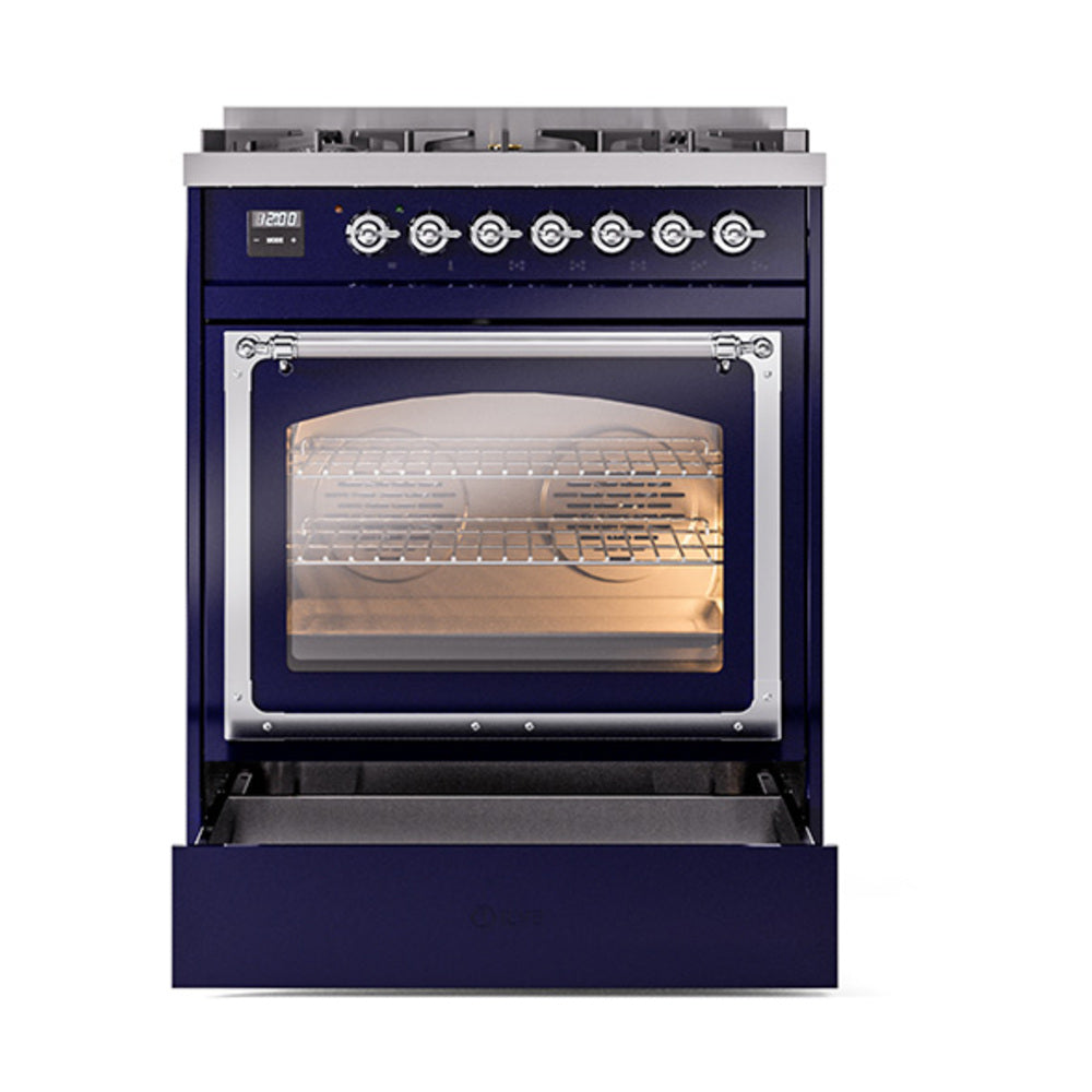 ILVE Nostalgie II Noblesse 30-Inch Natural Gas Dual Fuel Range with Triple Glass Door in Midnight Blue with Chrome Trim (UN30NMPMBC)
