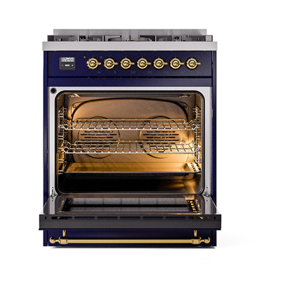 ILVE Nostalgie II Noblesse 30-Inch Propane Gas Dual Fuel Range with Triple Glass Door in Midnight Blue with Brass Trim (UN30NMPMBGLP)