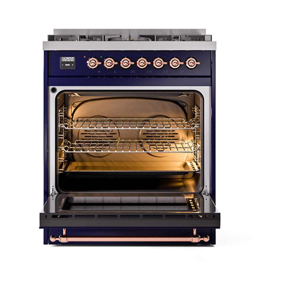 ILVE Nostalgie II Noblesse 30-Inch Natural Gas Dual Fuel Range with Triple Glass Door in Midnight Blue with Copper Trim (UN30NMPMBP)