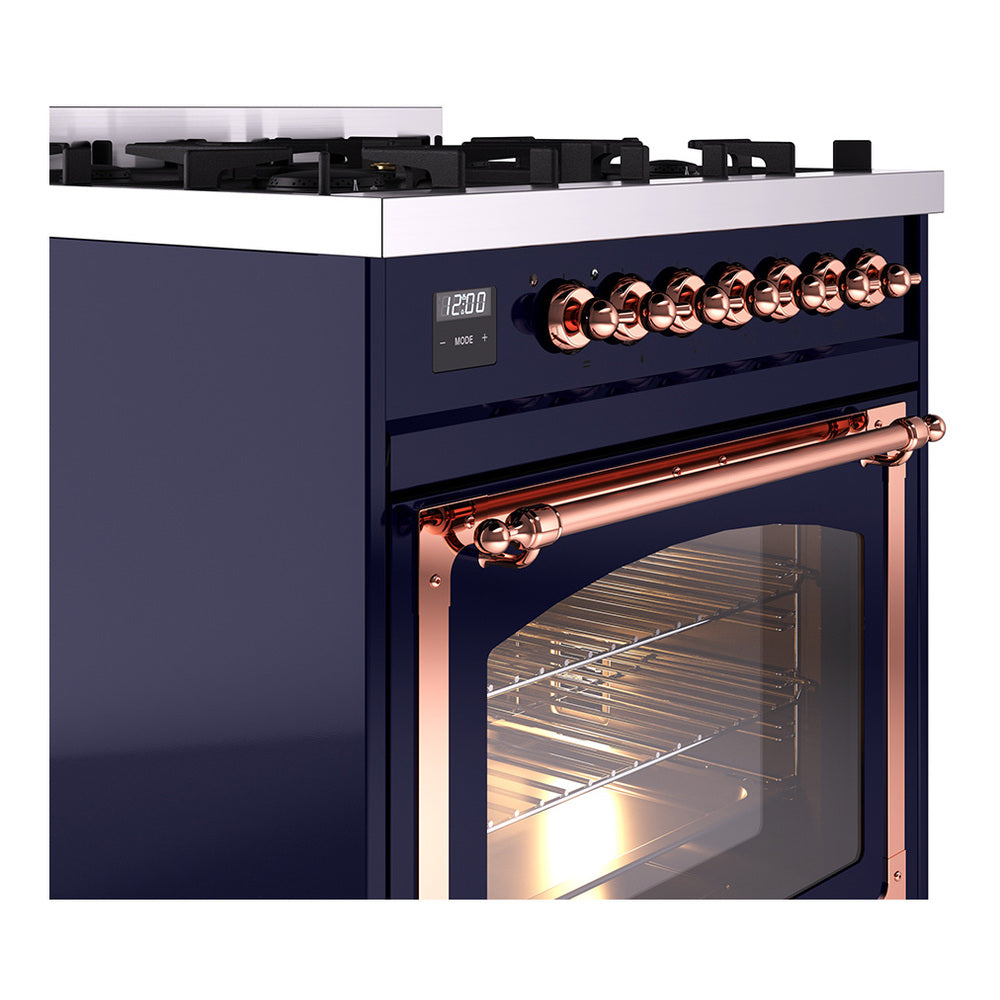 ILVE Nostalgie II Noblesse 30-Inch Natural Gas Dual Fuel Range with Triple Glass Door in Midnight Blue with Copper Trim (UN30NMPMBP)