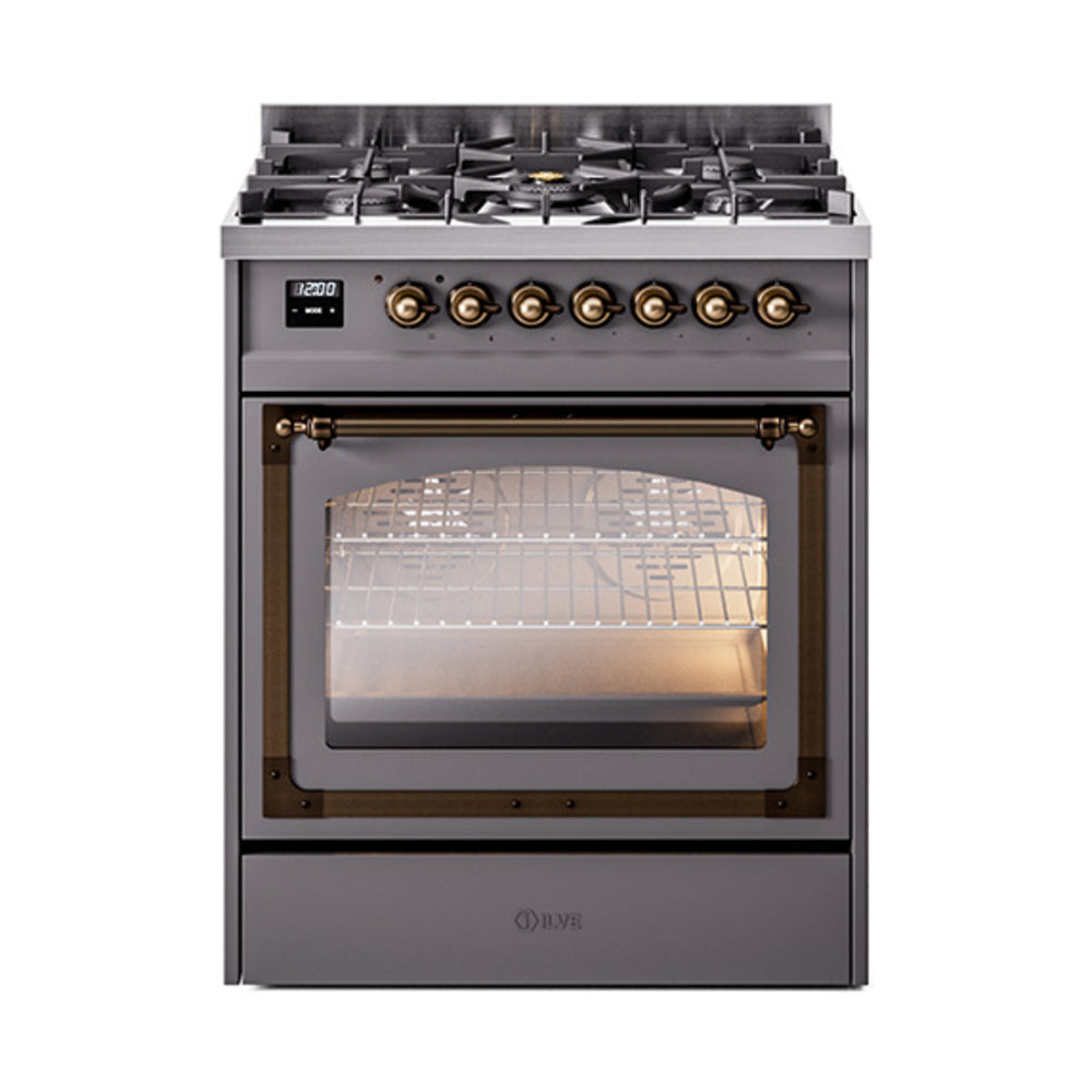 ILVE Nostalgie II Noblesse 30-Inch Propane Gas Dual Fuel Range with Triple Glass Door in Matte Graphite with Burnished Bronze Trim (UN30NMPMGBLP)