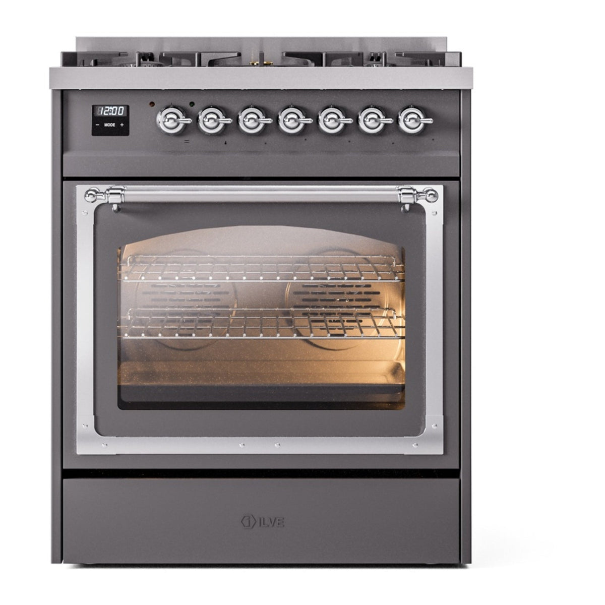 ILVE Nostalgie II Noblesse 30-Inch Natural Gas Dual Fuel Range, Triple Glass Door Oven, Matte Graphite with Chrome Trim (UN30NMPMGC)