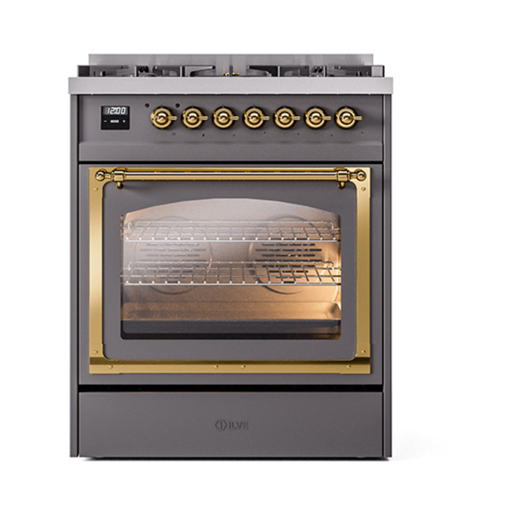ILVE Nostalgie II Noblesse 30-Inch Natural Gas Dual Fuel Range with Triple Glass Door in Matte Graphite with Brass Trim (UN30NMPMGG)