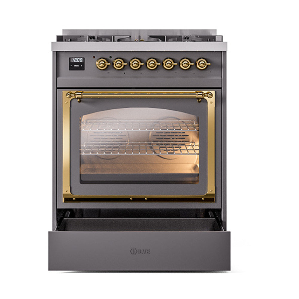 ILVE Nostalgie II Noblesse 30-Inch Propane Gas Dual Fuel Range with Triple Glass Door in Matte Graphite with Brass Trim (UN30NMPMGGLP)