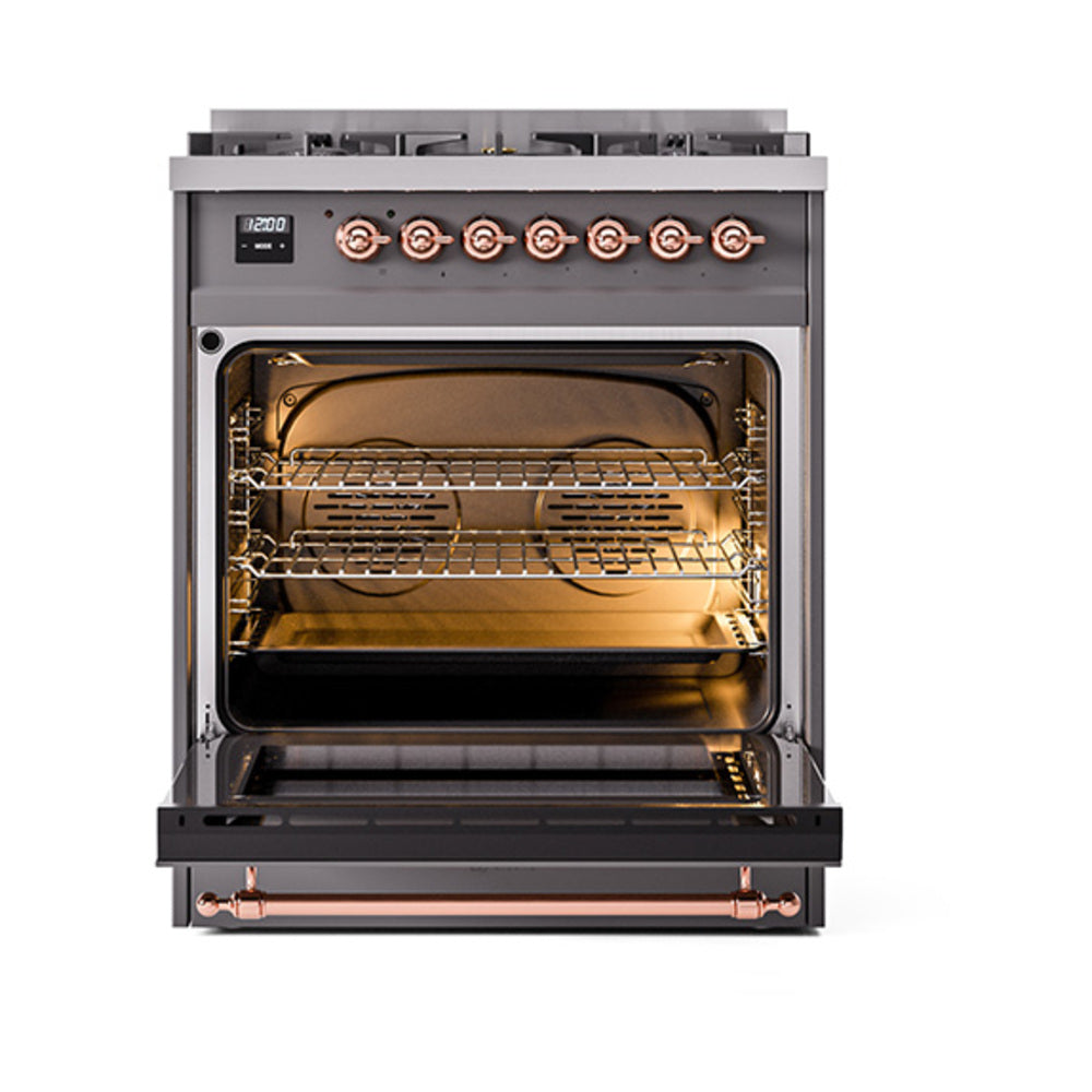 ILVE Nostalgie II Noblesse 30-Inch Natural Gas Dual Fuel Range with Triple Glass Door in Matte Graphite with Copper Trim (UN30NMPMGP)