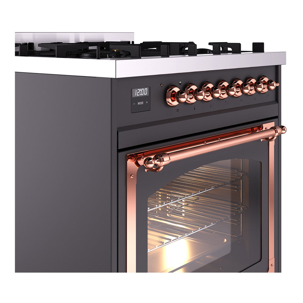 ILVE Nostalgie II Noblesse 30-Inch Natural Gas Dual Fuel Range with Triple Glass Door in Matte Graphite with Copper Trim (UN30NMPMGP)