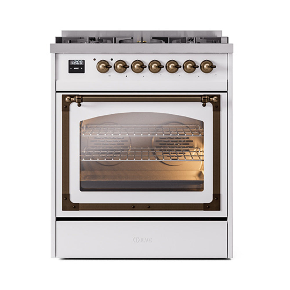 ILVE Nostalgie II Noblesse 30-Inch Propane Gas Dual Fuel Range with Triple Glass Door in Custom RAL with Burnished Bronze Trim (UN30NMPRABLP)