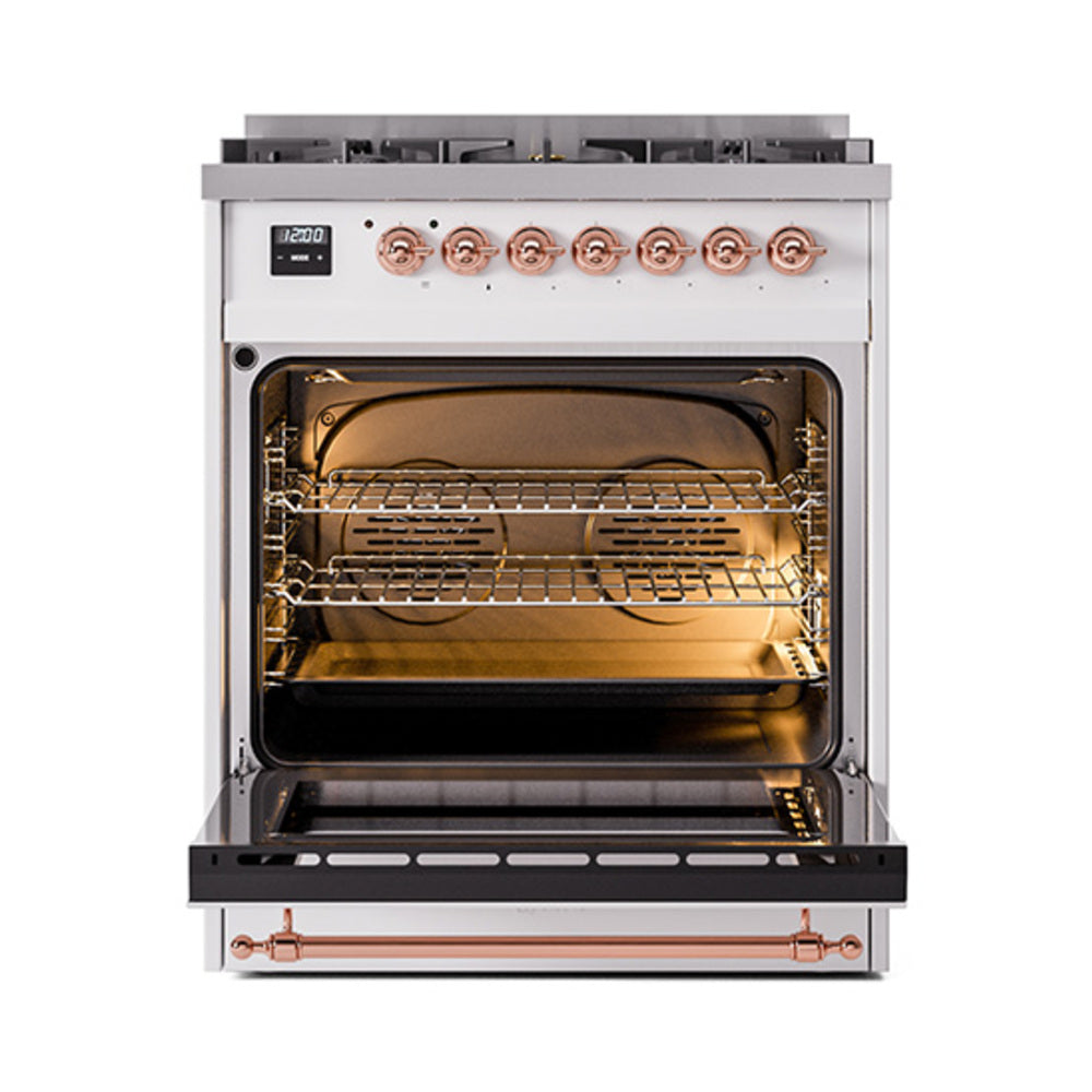 ILVE Nostalgie II Noblesse 30-Inch Natural Gas Dual Fuel Range with Triple Glass Door in RAL with Brass Trim (UN30NMPRAG)