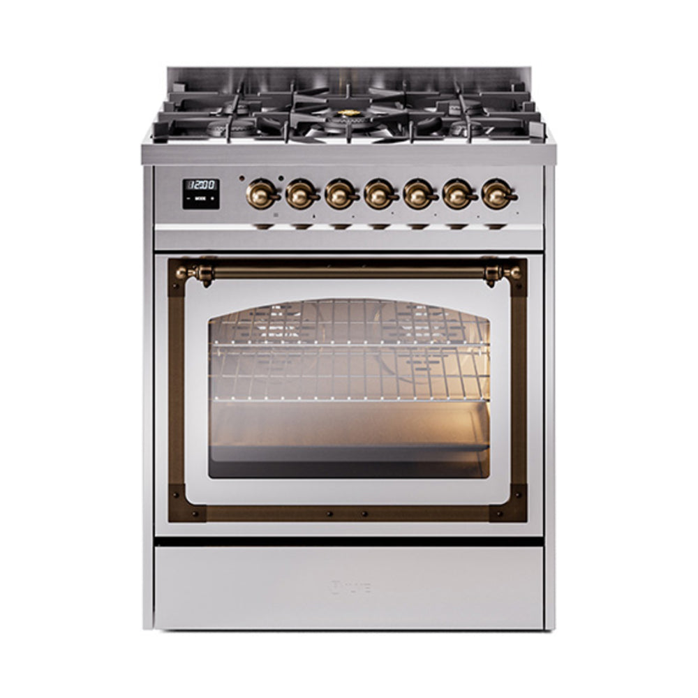 ILVE Nostalgie II Noblesse 30-Inch Natural Gas Dual Fuel Range with Triple Glass Door in Stainless Steel with Burnished Bronze Trim (UN30NMPSSB)