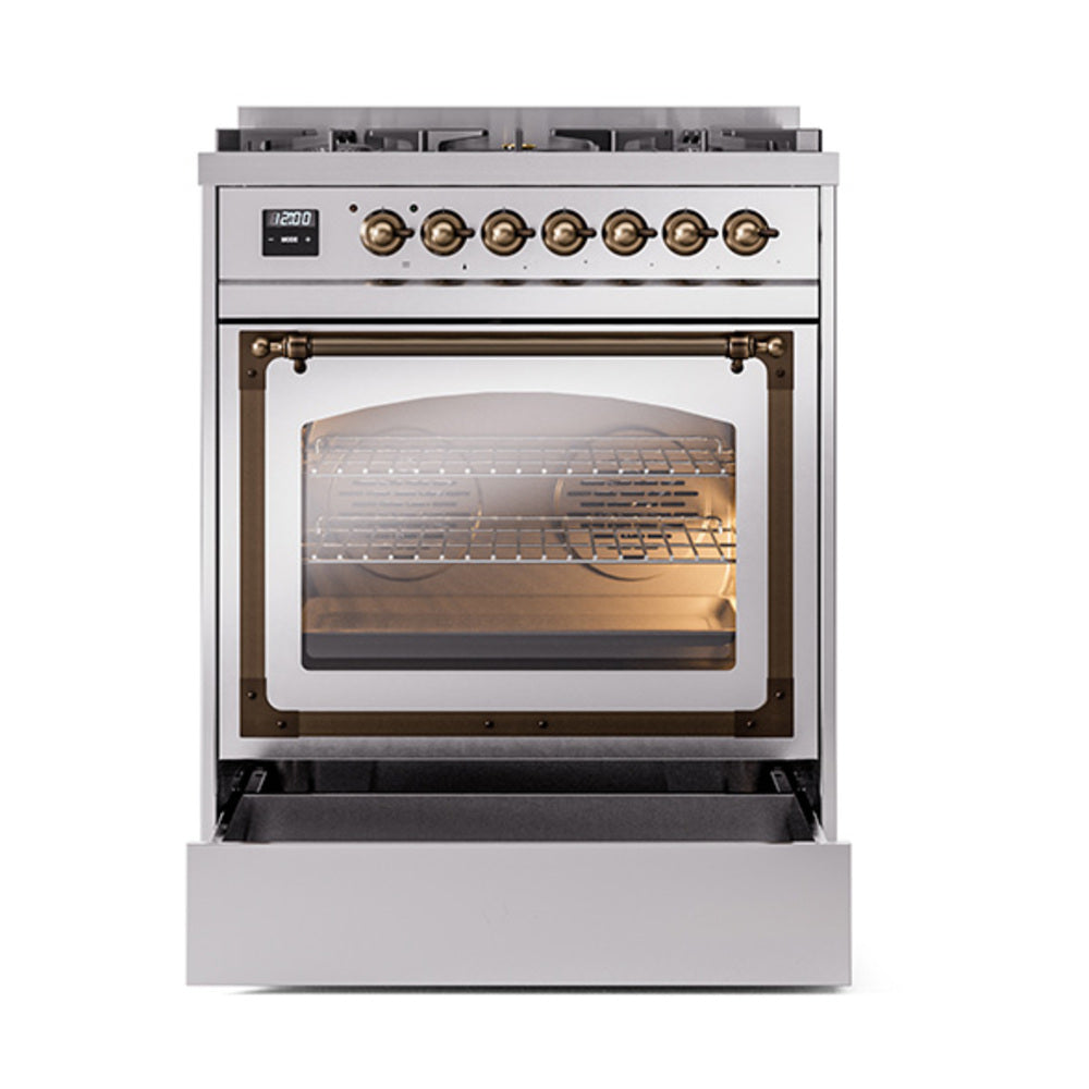 ILVE Nostalgie II Noblesse 30-Inch Natural Gas Dual Fuel Range with Triple Glass Door in Stainless Steel with Burnished Bronze Trim (UN30NMPSSB)