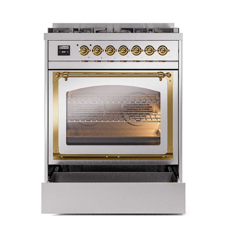 ILVE Nostalgie II Noblesse 30-Inch Natural Gas Dual Fuel Range with Triple Glass Door in Stainless Steel with Brass Trim (UN30NMPSSG)
