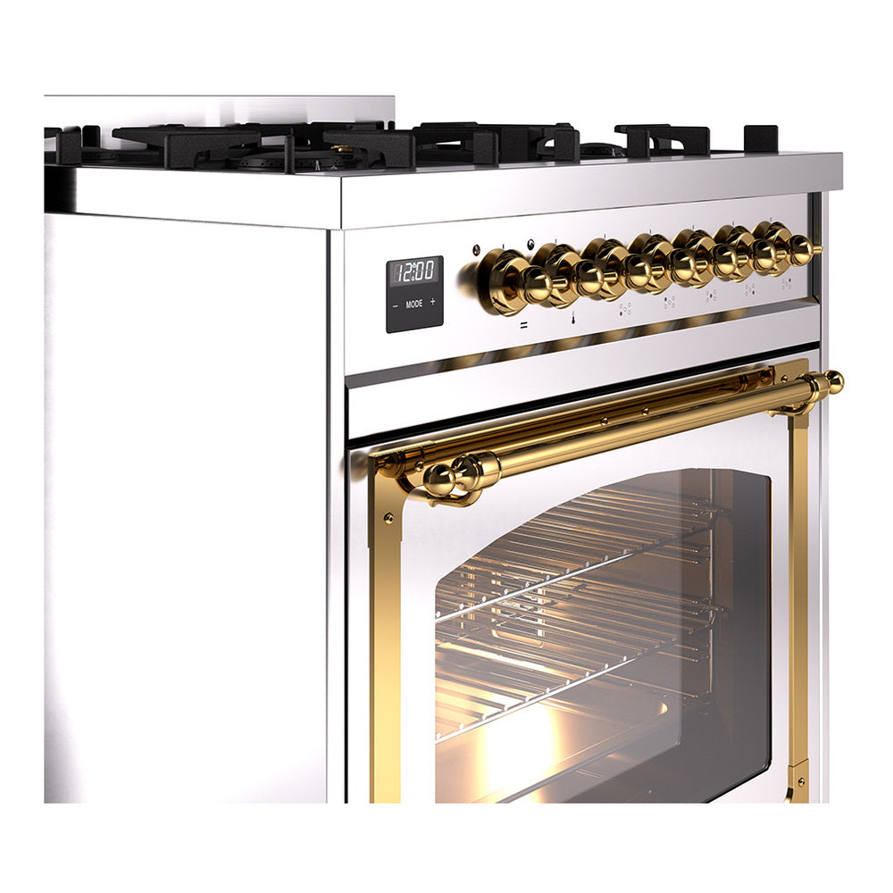ILVE Nostalgie II Noblesse 30-Inch Natural Gas Dual Fuel Range with Triple Glass Door in Stainless Steel with Brass Trim (UN30NMPSSG)